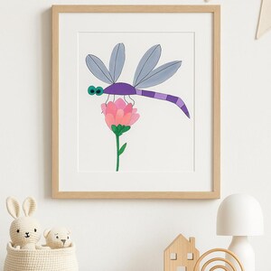 Whimsical Purple Dragonfly Art Print | Cute Insect Illustration | Dragonfly on Flower Wall Decor
