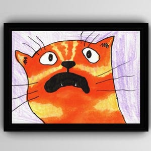 Shocked Orange Cat Art Print – Funny Cartoon Tabby Wall Art, Quirky Cat Lover Gift, Whimsical Animal Illustration Decor