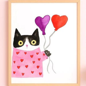 Valentine Cat Art Print – Cute Tuxedo Cat with Heart Balloons in Pink Sweater – Whimsical Watercolor Cat Illustration Wall Decor