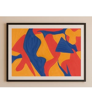 Peut inclure: Impression d'art abstrait présentant une composition vibrante de formes aux couleurs primaires. L'œuvre d'art met en valeur des formes bleues, rouges et jaunes audacieuses sur fond blanc, encadrées d'un cadre noir. Décoration murale moderne.