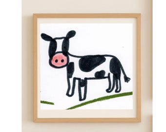 Cow Wall Art Print – Black and White Farm Animal Illustration – Whimsical Farmhouse Nursery Decor