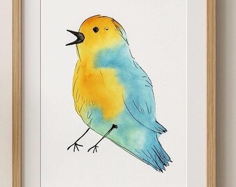 Yellow and Blue Bird Print: Cheerful Kids Room Wall Decor