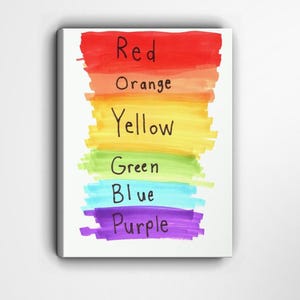 Impresión artística de palabras de colores del arcoíris / Decoración de pared ROYGBIV pintada a mano para habitación infantil, aula o estudio de arte / Póster de rojo a morado