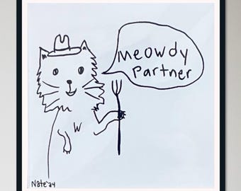 Stampa artistica con motivo a gatto cowboy - Divertente disegno di un gatto western, decorazione da parete "Meowdy Partner"