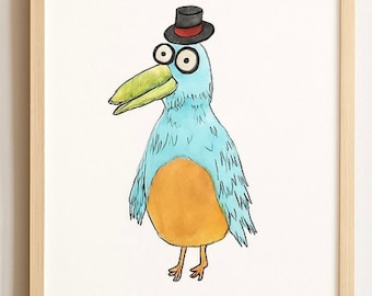 Whimsical Bird Art Print – Funny Blue Bird with Hat, Kids Room Decor