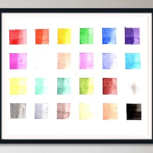 Tabla de muestras de acuarela pintada a mano / Hoja de referencia de colores del artista / 24 cuadrados de acuarela para diario, arte y scrapbooking