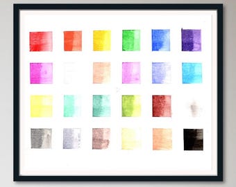 May include: A framed watercolor painting featuring a grid of colorful squares. Each square displays a different color, ranging from red and yellow to blue and purple. The artwork is mounted in a black frame.