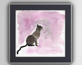 Black Cat Watercolor Art Print: Minimalist Feline Silhouette