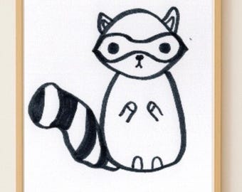 Wasbeer tekening afdrukken | Minimalistische kinderkamermuurkunst