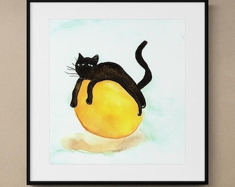 Black Cat Watercolor Print: Whimsical Cat Lover Gift