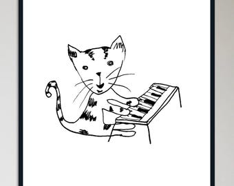 Funny Cat Playing Piano Print – Hand-Drawn Minimalist Line Art