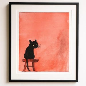 黒猫の水彩画アートプリント：サーモンピンクの背景 - Etsy 日本