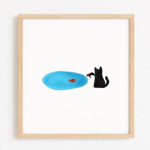 Minimalistischer Kunstdruck Katze und Fisch – Süße Katzen Illustration – Skurrile Tier Wandkunst – Lustiges Katzenliebhaber Geschenk