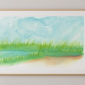 Coastal Marsh Watercolor Painting – Original Seascape Art Print by Nate ’24 – Beach Horizon Landscape Wall Decor
