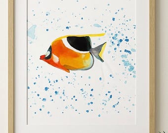 Tropical Fish Watercolor Art Print – Colorful Ocean Fish Painting with Splash Background