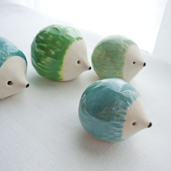 Herd Of Hedgehogs Set of 4 Clay Animal Sculptures in Green and Blue