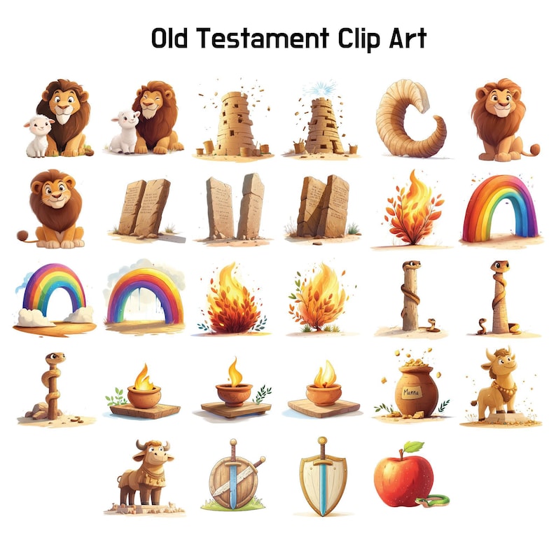 Immagini clipart dell'Antico Testamento, set di 100 storie bibliche per bambini in stile cartone animato in formato PNG, clipart cristiane digitali per la scuola domenicale e i lavoretti religiosi. immagine 6