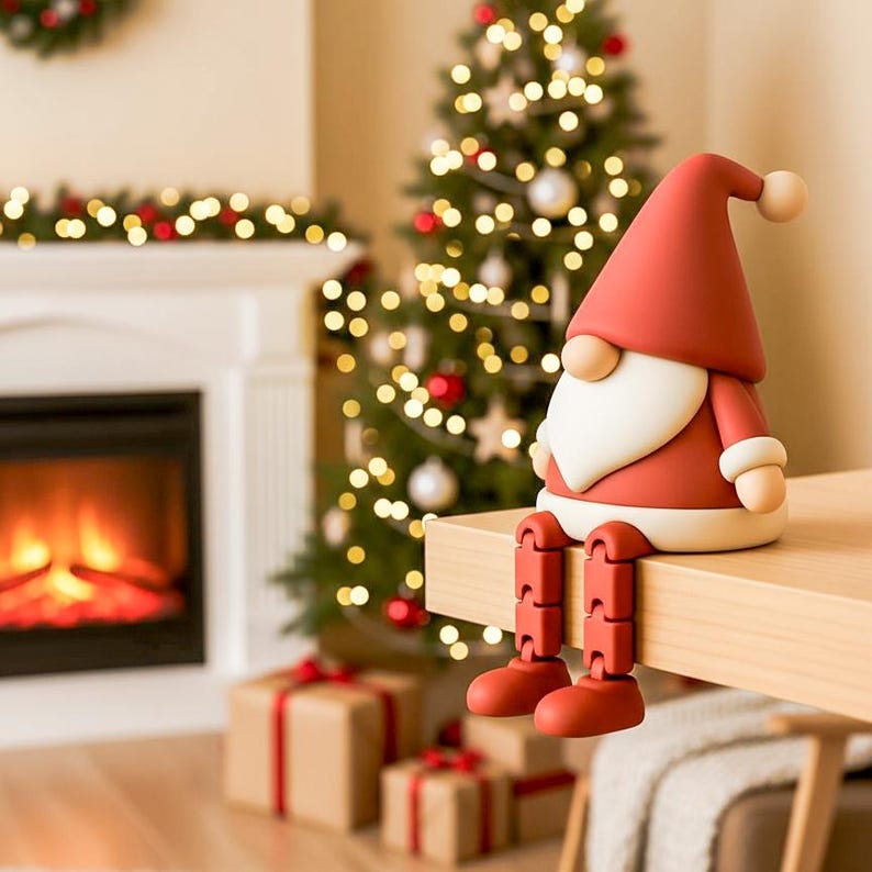 May include: A festive Christmas gnome figurine with a red hat and coat, white beard, and articulated legs, perched on a wooden surface. The background features a decorated Christmas tree, a fireplace, and wrapped gifts, creating a holiday scene.