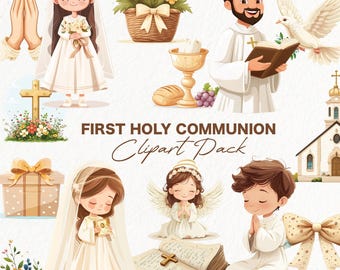 Paquete de más de 30 imágenes prediseñadas digitales PNG del Sacramento de la Comunión, hermoso arte católico para invitaciones, arte religioso, álbumes de recortes y regalos personalizados.