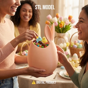 May include: A peach-colored Easter egg-shaped container with bunny ears, filled with colorful candies and small bird figurines. The text "STL MODEL" and "DIGITAL PRODUCT" are visible. The container is being held by two people.