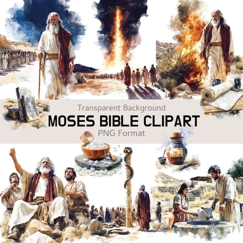 Paquete de imágenes prediseñadas bíblicas de Moisés, más de 130 imágenes PNG de arte digital cristiano para la escuela dominical, el estudio bíblico, imprimibles para la iglesia y manualidades religiosas. imagen 1