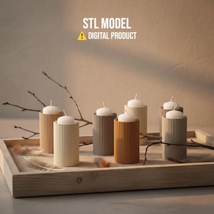May include: A collection of cylindrical candle holders in various neutral colors, each holding a white candle. The holders have a ribbed texture and are arranged on a wooden tray with decorative twigs and feathers. The text "STL MODEL DIGITAL PRODUCT" is visible.
