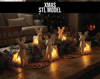 Portavelas de reno navideño STL, portavelas LED festivo, decoración de mesa y estante para fiestas de invierno, modelo de ciervo imprimible en 3D