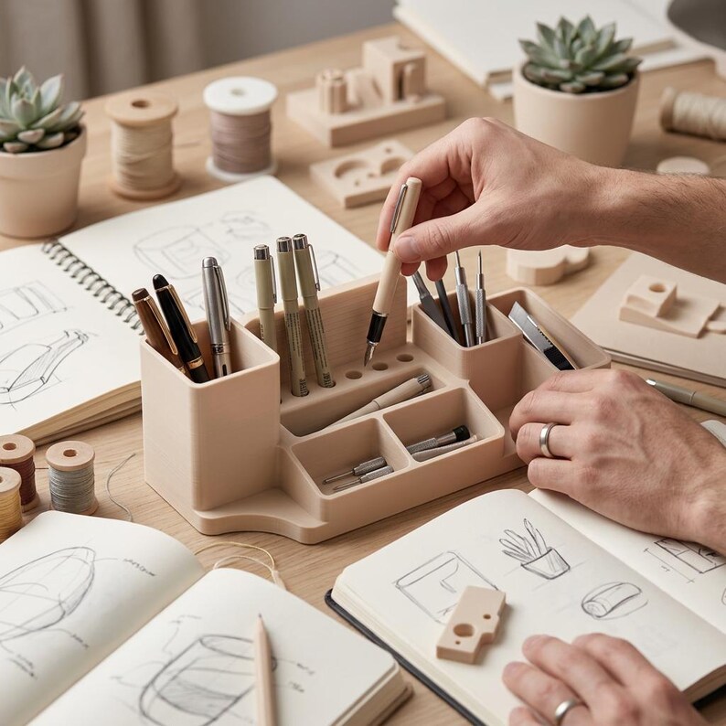 May include: A beige desk organizer filled with pens, pencils, and small tools. The organizer sits on a wooden desk next to open sketchbooks, small wooden models, and potted succulents. A hand is holding a pen.