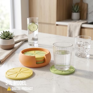 May include: A set of circular citrus-themed coasters in yellow and green, stored in a round orange holder. The coasters feature a segmented fruit slice design. Text at the bottom reads: STL MODEL DIGITAL PRODUCT. The coasters are made for drinkware.