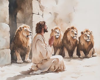 Paquete de más de 50 imágenes prediseñadas de personajes bíblicos en formato JPG, Daniel con leones, imágenes prediseñadas bíblicas para proyectos religiosos, arte cristiano, descarga digital.