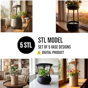 May include: A collection of five vase designs, each showcasing a unique aesthetic. The vases are displayed with plants and flowers, highlighting their potential use. The text "5 STL" and "STL MODEL SET OF 5 VASE DESIGNS DIGITAL PRODUCT" are also visible.