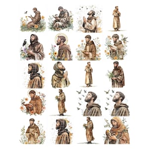 20PNG aquarel Sint Franciscus van Assisi illustraties, religieuze illustraties, christelijke kunst, katholieke illustraties, religieuze symbolen, digitale PNG