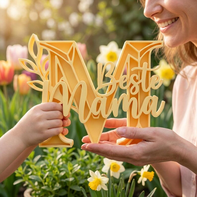 Op de afbeelding: Een gele, gelaagde houten uitsparing in de vorm van de letter "M" met de woorden "Beste Mama" in script. De uitsparing wordt door twee mensen in een tuin gehouden.
