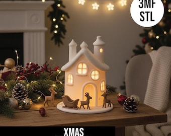 Kersthuis met rendierslee STL-bestand, 3D-afdrukbare theelichthouder, feestelijke vakantielantaarn, woondecoratie winterdorp, digitaal
