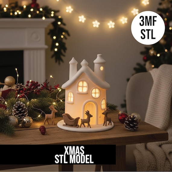 Christmas House With Reindeer Sleigh STL File, 3D Printable