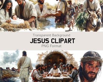 Op de afbeelding: Een digitale kunstcompilatie met scènes uit het leven van Jezus. De afbeeldingen bevatten Jezus met volgelingen, een baby in een kribbe en de tekst "JESUS CLIPART" in zwarte letters. De afbeeldingen zijn in PNG-formaat.