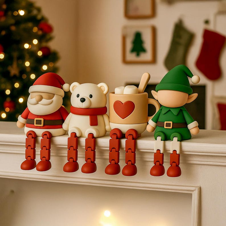 May include: A festive Christmas display featuring four decorative figurines. Santa Claus, a polar bear, a mug of hot cocoa with a heart, and an elf are arranged on a white surface. Each figure has articulated red legs and is dressed in holiday attire.