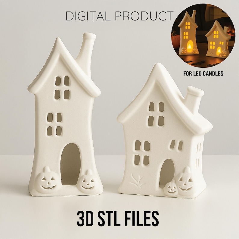 Spooky House with Pumpkins STL, LED Tea Light Holder, Halloween 3D Print Lantern File for Indoor & Tabletop Decoration image 2
