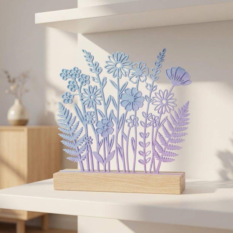 Op de afbeelding: Decoratieve bloemensculptuur met een verscheidenheid aan gestileerde bloemen en bladeren in blauwe en paarse tinten. Het lasergesneden ontwerp is gemonteerd op een natuurlijke houten basis, waardoor een moderne, artistieke weergave ontstaat. Perfect voor woondecoratie.
