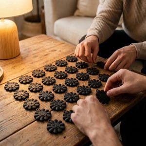 May include: A collection of dark brown, flower-shaped wooden ornaments with letters carved into them, arranged on a wooden table. The ornaments are being handled by two people. A lamp and a sofa are in the background.