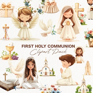 Puede incluir: Colección de ilustraciones para la Primera Comunión. Las imágenes incluyen un ángel, una niña con un vestido blanco, un niño rezando, una iglesia, una paloma, un cáliz, una cruz y elementos florales. También está presente el texto "FIRST HOLY COMMUNION Clipart Pack".