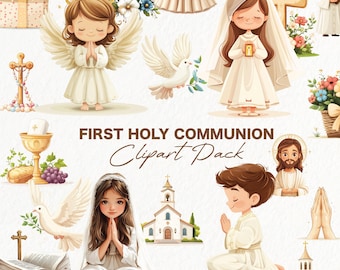 Paquete de más de 30 imágenes PNG de Primera Comunión, gráficos religiosos católicos para invitaciones, tarjetas y álbumes de recortes, descarga digital.