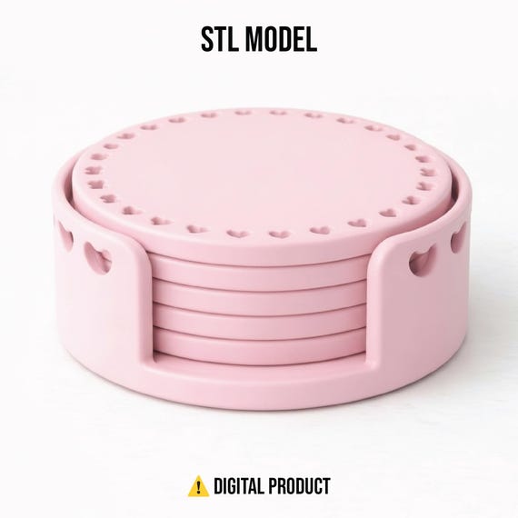 3D Printable Cup Coaster Set and Holder STL, Round Heart Coasters 3D Model, Protective Table Base STL Pack, Interior Decoration 3D File