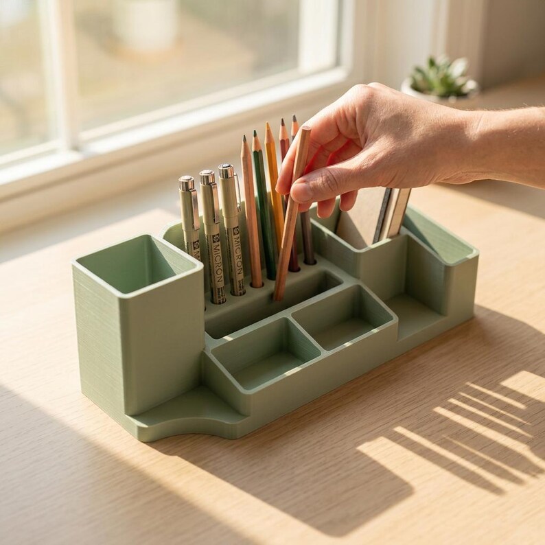 May include: A sage green desk organizer with multiple compartments for pens, pencils, and other stationery items. The organizer has a square cup, several small rectangular slots, and a larger slot for notebooks. A hand is reaching for a pencil.
