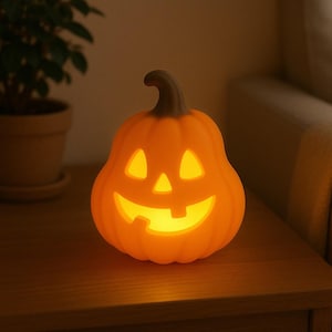 Può includere: Decorazione di Halloween a forma di zucca arancione illuminata con un volto intagliato. La zucca ha un gambo marrone scuro ed è illuminata dall'interno, proiettando un bagliore caldo. La decorazione è su una superficie di legno.