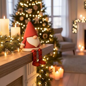 May include: A festive Christmas gnome figurine with a red hat, coat, and boots, and a white beard. The gnome is sitting on a wooden ledge, with a Christmas tree and candles in the background. The gnome is a holiday decoration.