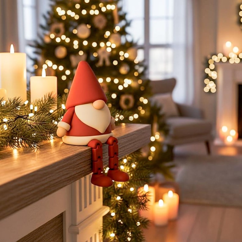 May include: A festive Christmas gnome figurine with a red hat, coat, and boots, and a white beard. The gnome is sitting on a wooden ledge, with a Christmas tree and candles in the background. The gnome is a holiday decoration.