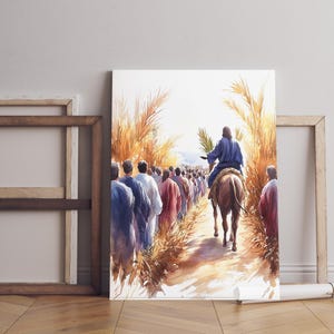 Jesus Riding a Donkey Digital Poster, Palm Sunday Christian Wall Art, Bible Story Printable, Religious Decor Gift