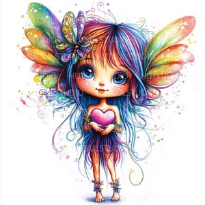 Clipart fée aquarelle avec coeurs, fées amour lunatiques PNG pour la Saint-Valentin, décoration de chambre d'enfant, faire-part et travaux manuels, téléchargement immédiat