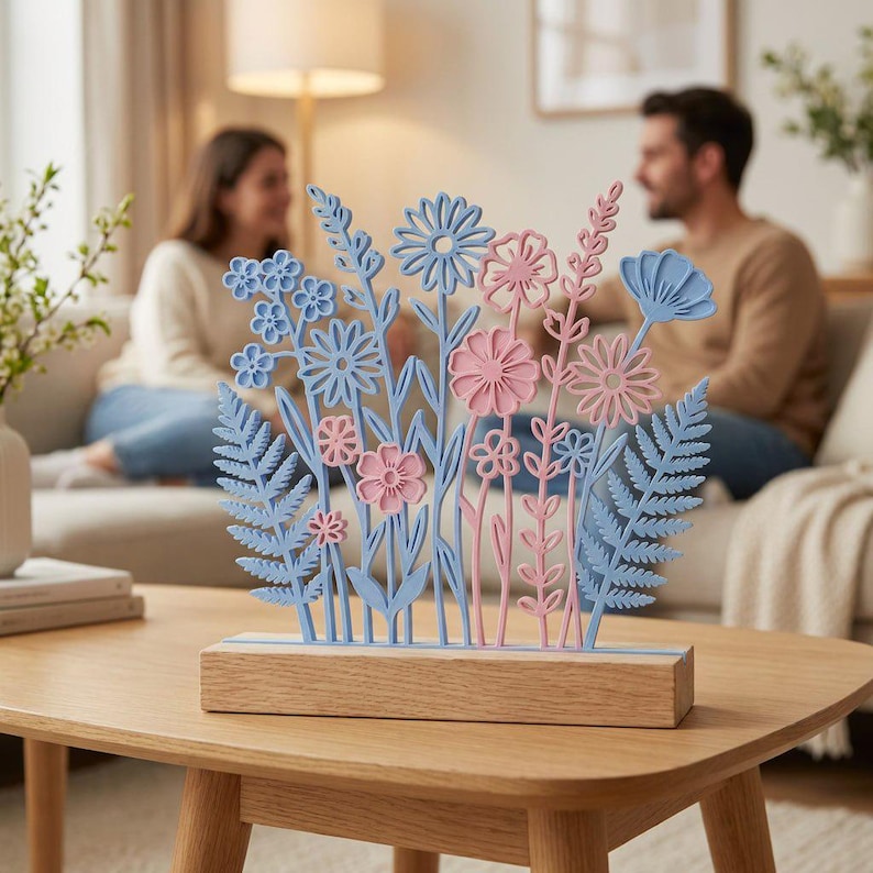 Op de afbeelding: Een decoratieve bloemensculptuur met blauwe en roze bloemen en bladeren. De bloemen staan op een natuurlijke houten basis, waardoor een gelaagd effect ontstaat. De sculptuur staat op een lichtgekleurde houten tafel.
